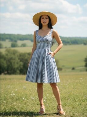 Lauren James Livingston Durby Country Prep Blue Gingham Fit-and-Flare Sundress